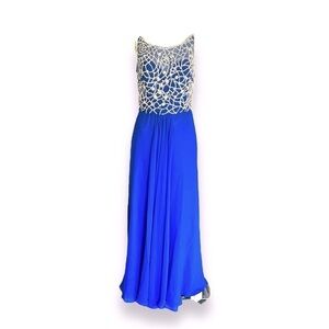 Vintage Tiffany Evening Gown Royal Blue Diamond Beading Long Chiffon Dress L